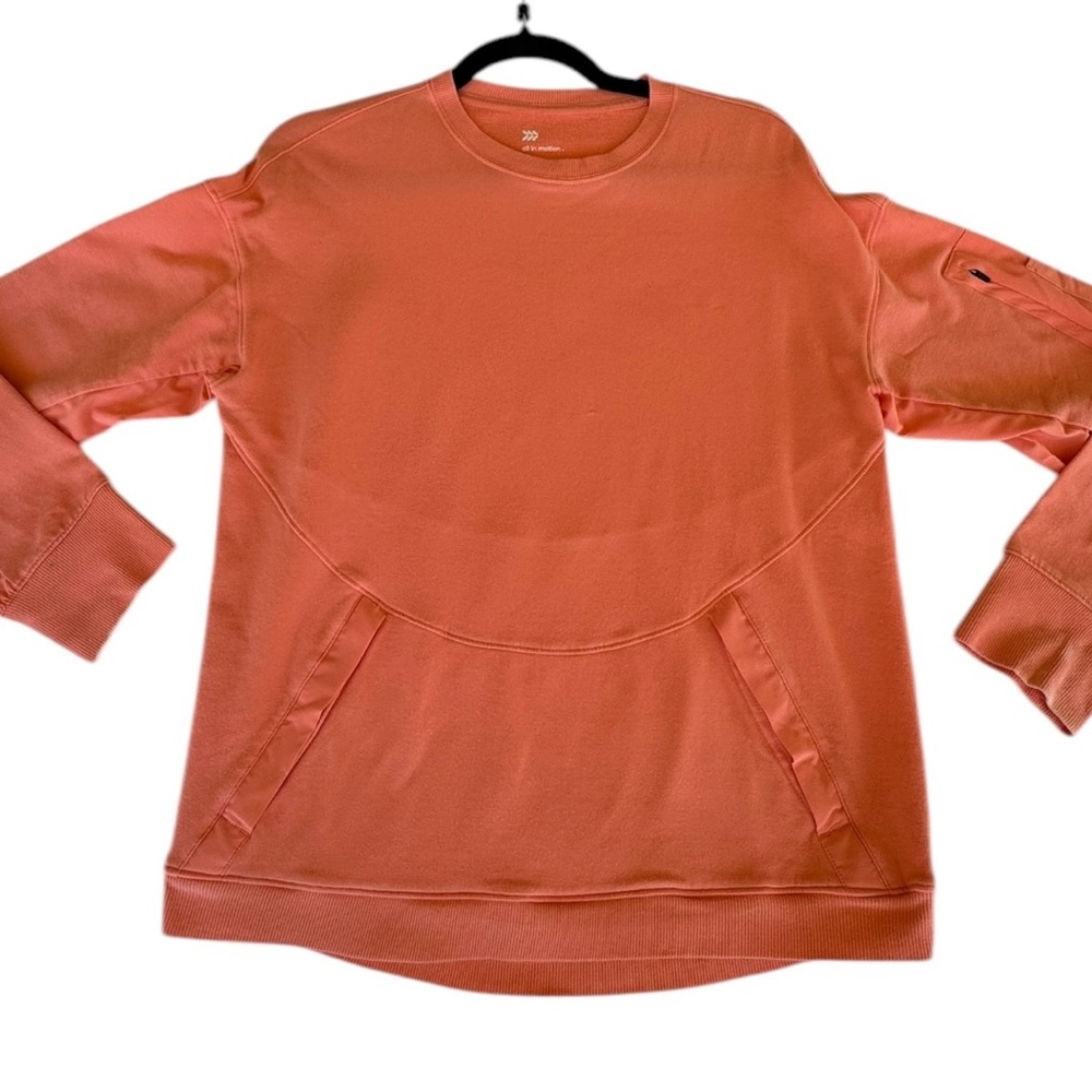 All in Motion Orange Pullover Sweatshirt Front & Sleeve Pocket Thumb Hol…